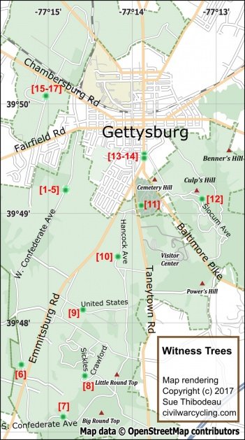 Map of Gettysburg Witness Trees